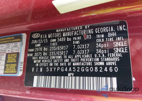 2016 Kia Sorento 3.3L Lx z USA, uszkodzony, nr VIN 5XYPG4A52GG082460